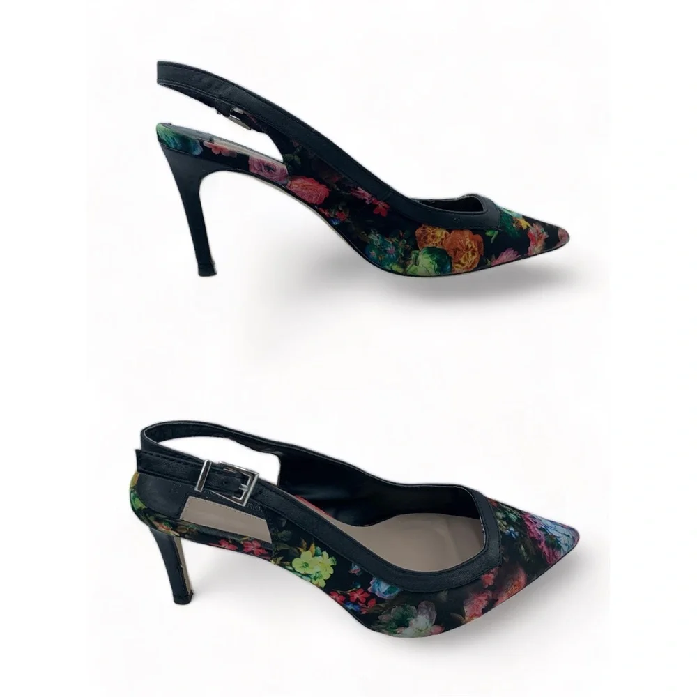 Dorothy Perkins Black Floral Sling Back Shoes Stiletto Heels Faux Leather UK 7 - Picture 1 of 13
